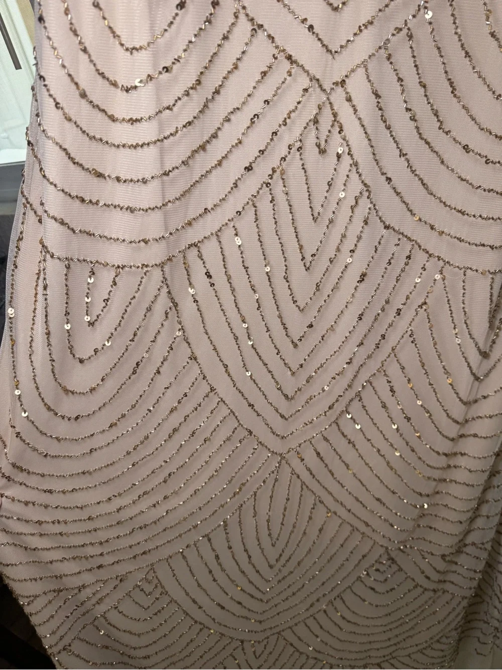 Adrianna Papell nude/ champagne Hand-Beaded maxi formal gown Damaged